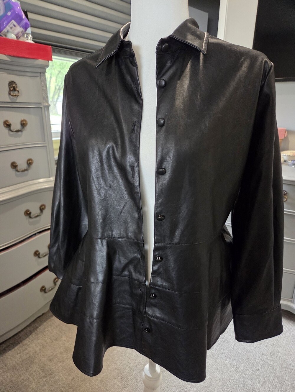 Pomander Place Black faux Leather Peplum Button-Front Top